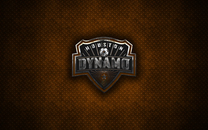 Houston Dynamo, 4k, metal logo, creative art, American soccer club, MLS, emblem, orange metal background, Houston, Texas, USA, football, Western Conference, Major League Soccer