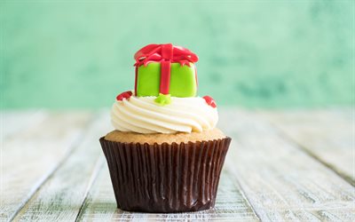 Feliz Anivers&#225;rio, cupcake, presente, creme, doces, pastelaria, Cupcake de natal