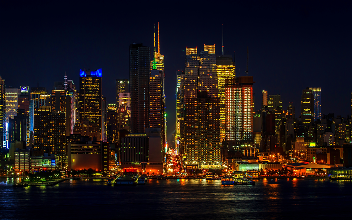 4k, Manhattan, city lights, New York, nightscapes, modern buildings, NY, USA, America