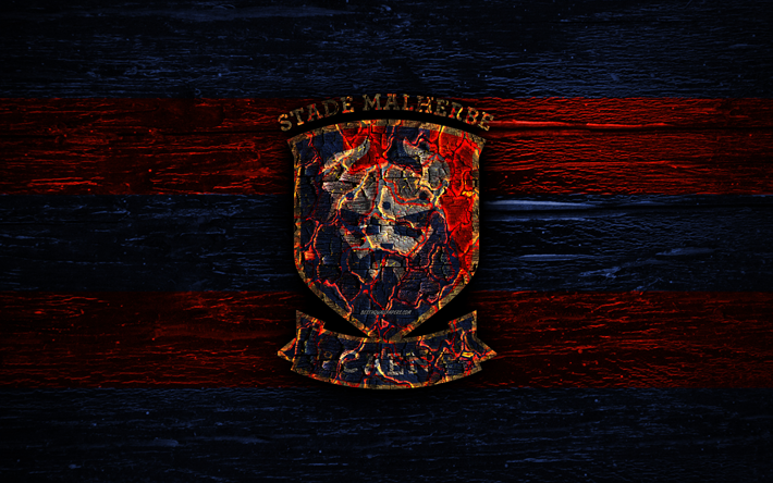 Caen FC, fire logo, Ligue 1, blue and red lines, french football club, grunge, football, soccer, logo, SM Caen, wooden texture, France