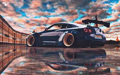 Nissan GT-R, tuning, R35, stance, supercars, blue GT-R, japanese cars, Nissan