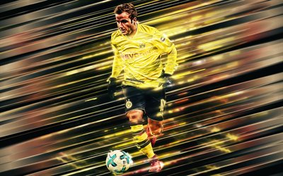 Mario Gotze, 4k, creative art, blades style, Borussia Dortmund, German footballer, Bundesliga, Germany, attacking midfielder, BVB, yellow background, football