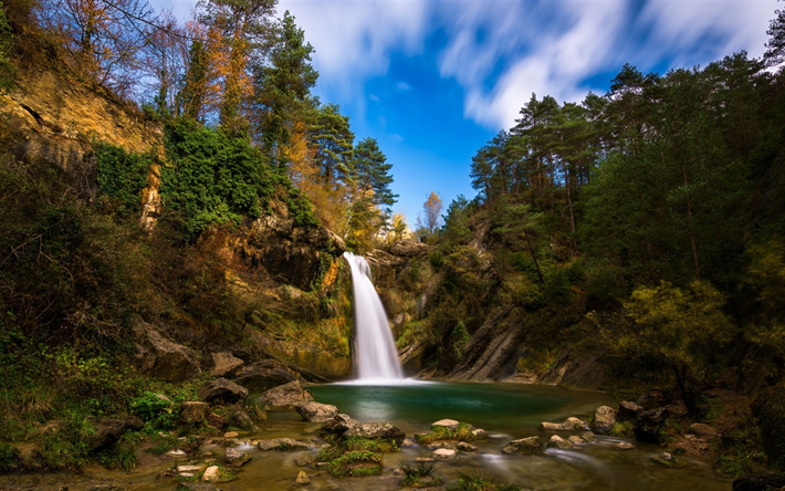 cachoeira, outono, lago, c&#233;u azul, Espanha, Catalunha