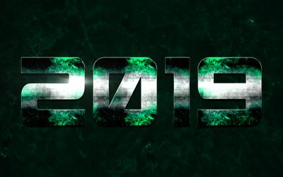 2019 year, green creative letters, numbers, creative art, metal texture, green marble texture, New Year, 2019 concepts