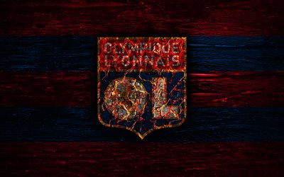 Olympique Lyon FC, fire logo, Ligue 1, red and blue lines, french football club, grunge, football, soccer, logo, Olympique Lyonnais, wooden texture, France