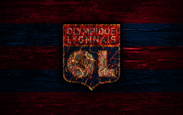 Olympique Lyon FC yangın logo, 1 Lig&#39;de, kırmızı ve mavi &#231;izgiler, İngiliz Futbol Kul&#252;b&#252;, grunge, futbol, logo, Olympique Lyonnais, ahşap doku, Fransa
