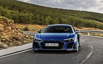Audi R8 V10, 4k, carretera, 2019 coches, supercars, azul R8, HDR, los coches alemanes, el Audi