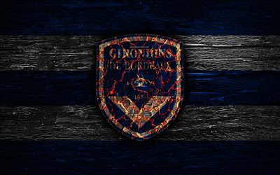 Bordeaux FC, fire logo, Ligue 1, blue and white lines, french football club, grunge, football, soccer, logo, Girondins Bordeaux, wooden texture, France