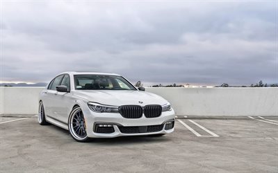 BMW 7 Alpin, 2018, berline blanche, vue de face, de luxe, de r&#233;glage, de nouvelles blanc 7 de BMW, voitures allemandes, Blanc BMW 740iL, BMW