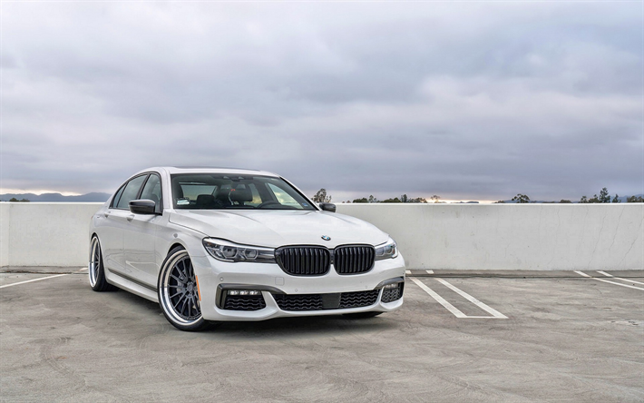 BMW 7 Alpine, 2018, white sedan, front view, luxury tuning, new white BMW 7, German cars, White BMW 740iL, BMW