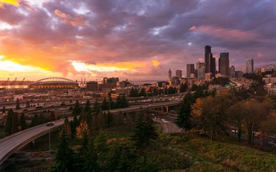 Seattle, CenturyLink Field, American city, cityscape, skyscrapers, sunset, evening, Washington, USA