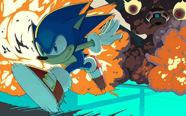 Sonic, artwork, Doctor Eggman, Sonic the Hedgehog, running sonic, explosion