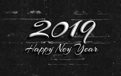 Happy New Year 2019, black background, creative, 2019 year, retro typography, xmas decoration, 2019 concepts