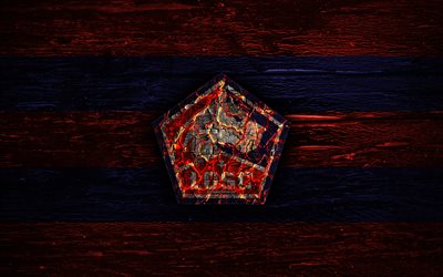 Lille FC, new logo, Ligue 1, red and blue lines, fire logo, french football club, grunge, football, soccer, logo, Lille OSC, wooden texture, France