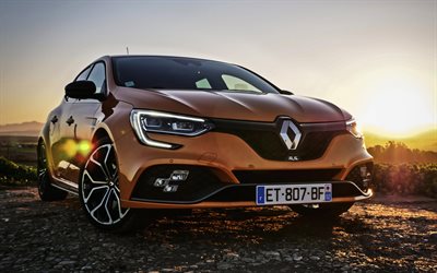 Renault Megane RS, sunset, offroad, 2018 cars, french cars, yellow Megane, Renault