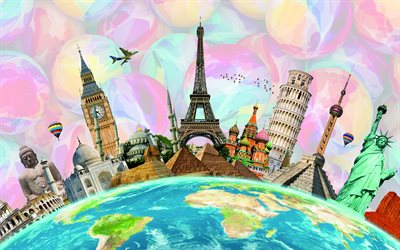 landmarks of different countries, travel concepts, Earth, Big Ben, Eiffel Tower, Colosseum, Leaning Tower of Pisa, world tourism, Egyptian pyramids, Statue of Liberty