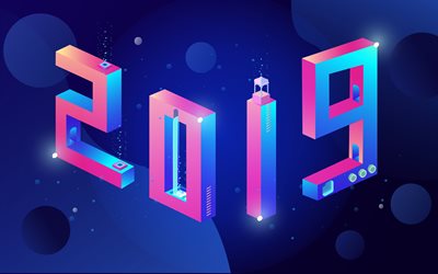 Happy New Year 2019, isometric digits, creative, 2019 concepts, abstract art, 3d digits, 2019 year, purple background