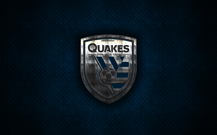 san jose earthquakes, 4k -, metall-logo, creative art, american soccer club, mls, emblem, blau-metallic hintergrund, san jose, california, usa, fu&#223;ball, western conference der major league soccer