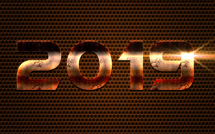 2019 o Ano, laranja metal letras, Feliz Ano Novo, a&#231;o n&#250;meros, a malha de metal, 2019 conceitos