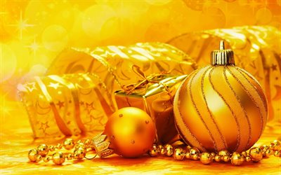 Christmas, golden balls, Happy New year, golden decoration, gifts, Merry Christmas, xmas