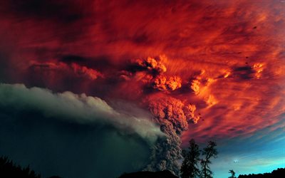 volcanic eruption, volcanic dust pillar, red smoke, sunset, evening, mountain landscape, volcano