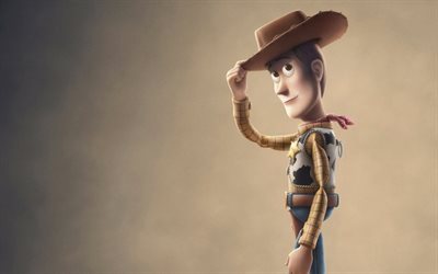 Toy Story 4, 2019, 4k, Woody, carteles, promociones, nuevos dibujos animados, el Sheriff Woody