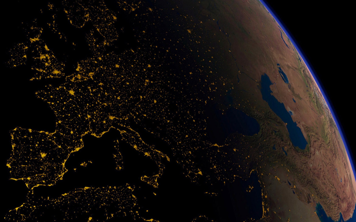 La terra di notte dallo spazio, citt&#224; dallo spazio, luci della citt&#224;, continenti, Terra, pianeta, l&#39;Europa dallo spazio