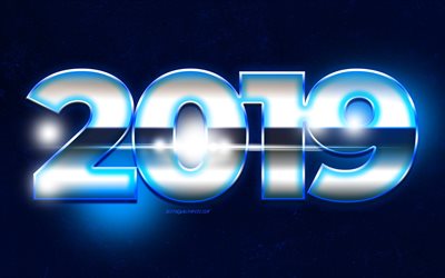 2019 year, 3D digits, blue background, 2019 concepts, blue rays, Happy New Year 2019, creative
