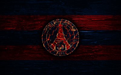 Paris Saint-Germain FC, fire logo, Ligue 1, blue and red lines, french football club, grunge, football, soccer, logo, PSG, wooden texture, France