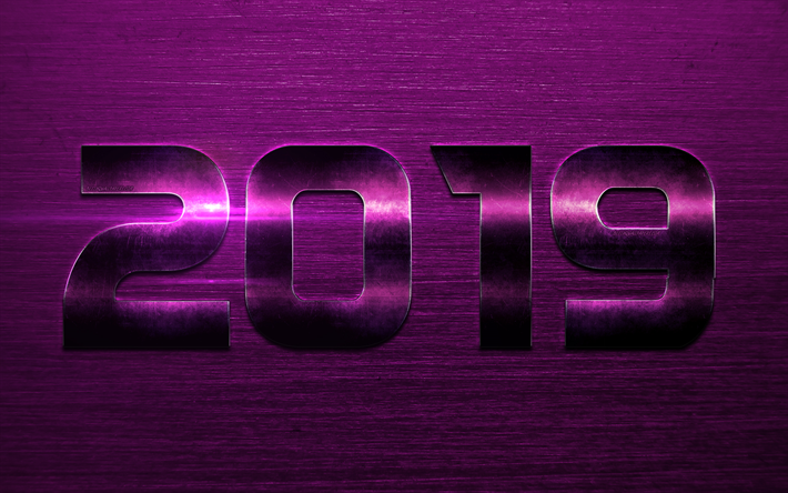 2019 o ano, roxo de a&#231;o d&#237;gitos, Feliz Ano Novo, roxo textura do metal, de a&#231;o de fundo, 2019 conceitos, arte criativa