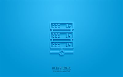 Icona 3D di archiviazione dati, sfondo blu, simboli 3D, archiviazione dati, arte 3D creativa, icone 3D, segno di archiviazione dati, icone di rete 3d