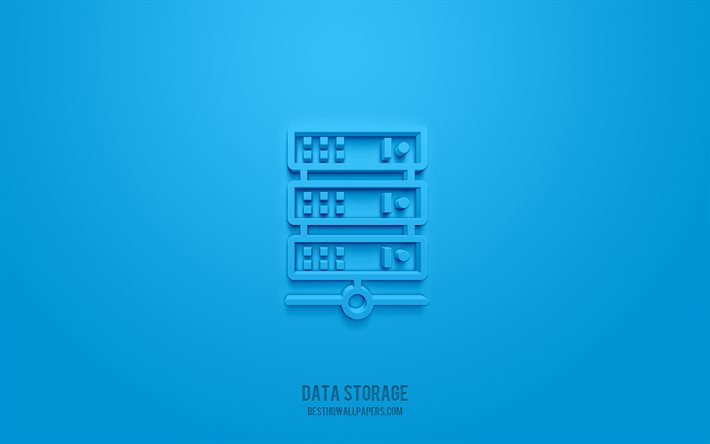datenspeicher 3d-symbol, blauer hintergrund, 3d-symbole, datenspeicherung, kreative 3d-kunst, datenspeicher-zeichen, netzwerk 3d-symbole