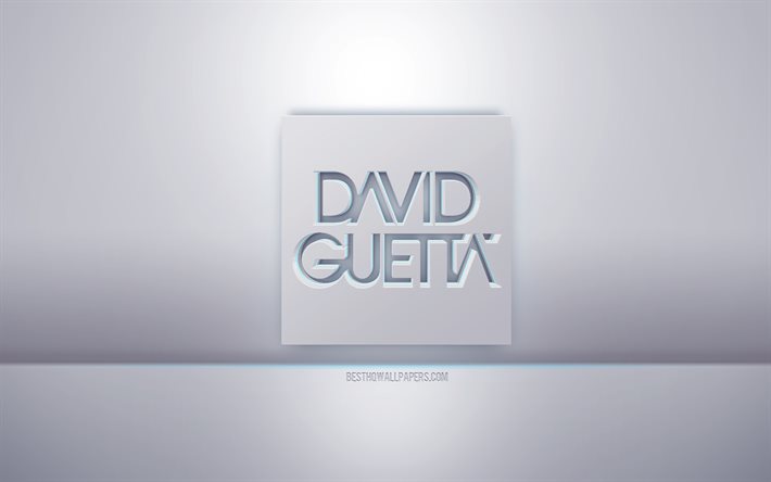 David Guetta 3d valkoinen logo, harmaa tausta, David Guetta logo, luova 3D-taide, David Guetta, 3d-tunnus