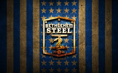 Bethlehem FC flag, USL, blue brown metal background, american soccer club, Bethlehem FC logo, USA, soccer, Bethlehem FC, golden logo