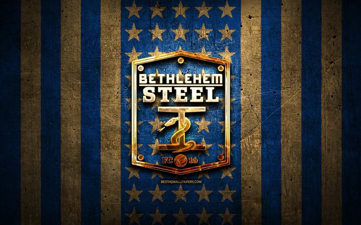 Bethlehem FC bandiera, USL, sfondo in metallo marrone blu, club di calcio americano, logo Bethlehem FC, Stati Uniti, calcio, Bethlehem FC, logo dorato