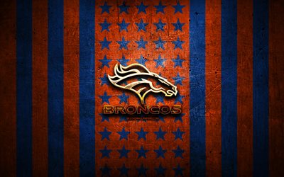 Denver Broncos bandiera, NFL, sfondo blu arancione metallico, squadra di football americano, logo Denver Broncos, USA, football americano, logo dorato, Denver Broncos
