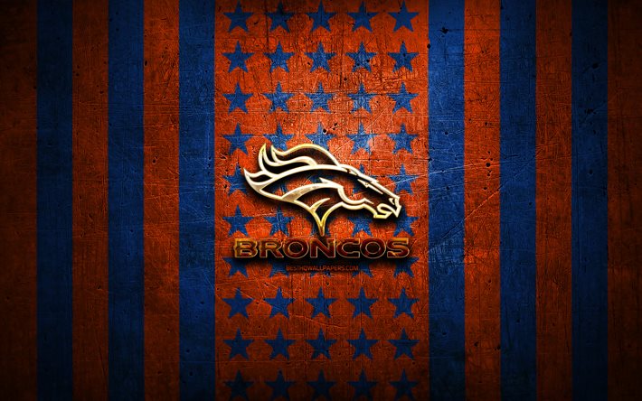 Denver Broncos bandiera, NFL, sfondo blu arancione metallico, squadra di football americano, logo Denver Broncos, USA, football americano, logo dorato, Denver Broncos