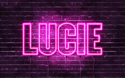 Lucie, 4k, bakgrundsbilder med namn, kvinnliga namn, Lucie namn, lila neonljus, Grattis p&#229; f&#246;delsedagen Lucie, popul&#228;ra franska kvinnliga namn, bild med Lucie namn