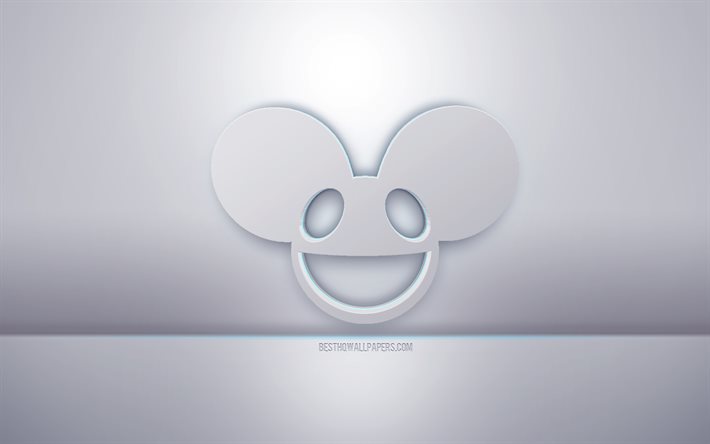 Deadmau5 3D-valkoinen logo, harmaa tausta, Deadmau5-logo, luova 3D-taide, Deadmau5, 3D-tunnus