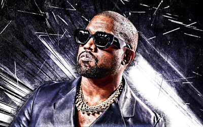 4k, Kanye West, arte grunge, rapper americano, estrelas da m&#250;sica, Kanye Omari West, raios abstratos violetas, celebridade americana, Kanye West 4K