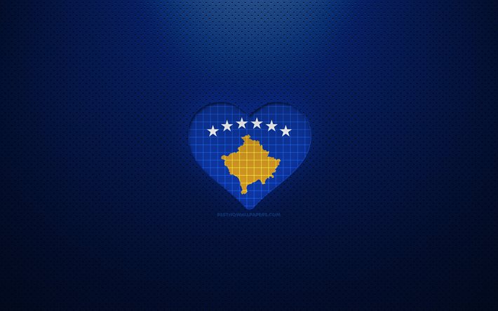 Amo il Kosovo, 4k, Europa, sfondo blu tratteggiato, cuore della bandiera kosovara, Kosovo, paesi preferiti, bandiera kosovara