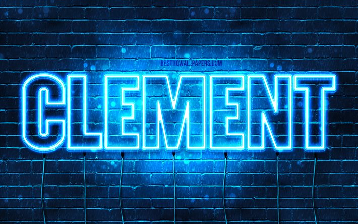Clement, 4k, bakgrundsbilder med namn, Clement-namn, bl&#229; neonljus, Grattis p&#229; f&#246;delsedagen Clement, popul&#228;ra franska manliga namn, bild med Clement-namn
