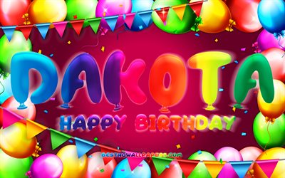 お誕生日おめでとうダコタ, 4k, カラフルなバルーンフレーム, ダコタ名, 紫色の背景, ダコタお誕生日おめでとう, ダコタの誕生日, 人気のアメリカ人女性の名前, 誕生日のコンセプト, ダコタ