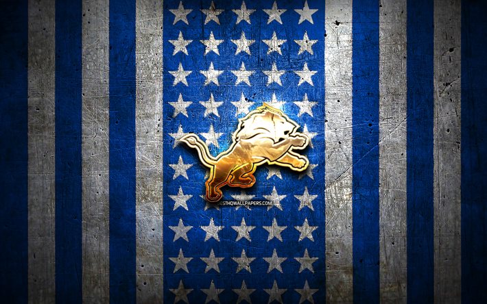 علم ديترويت ليونز, ان اف ال, خلفية معدنية بيضاء زرقاء, كرة القدم الأمريكية, شعار ديترويت ليونز, الولايات المتحدة الأمريكية, الشعار الذهبي, ديترويت ليونز