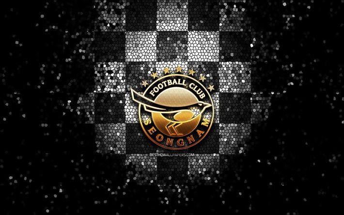 Seongnam FC, glitterlogotyp, K League 1, svartvit rutig bakgrund, fotboll, japansk fotbollsklubb, Seongnam FC-logotyp, mosaikkonst
