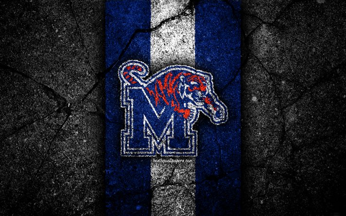Memphis Tigers, 4k, squadra di football americano, NCAA, pietra bianca blu, USA, trama di asfalto, football americano, logo Memphis Tigers