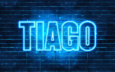 Tiago, 4k, bakgrundsbilder med namn, Tiago-namn, bl&#229; neonljus, Grattis p&#229; f&#246;delsedagen Tiago, popul&#228;ra portugisiska manliga namn, bild med Tiago-namn