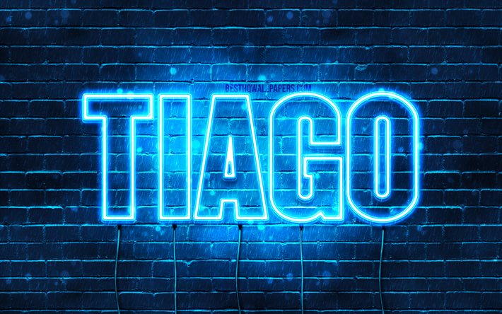 Tiago, 4k, bakgrundsbilder med namn, Tiago-namn, bl&#229; neonljus, Grattis p&#229; f&#246;delsedagen Tiago, popul&#228;ra portugisiska manliga namn, bild med Tiago-namn