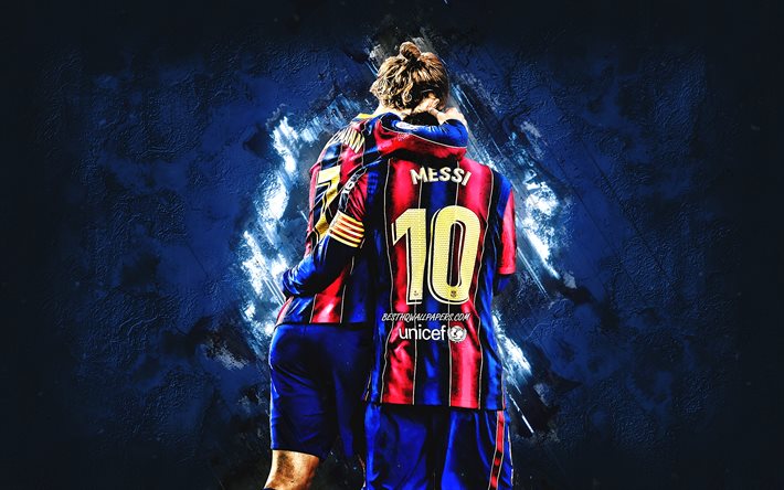 Antoine Griezmann, Lionel Messi, FC Barcelone, fond de pierre bleue, La Liga, football, art cr&#233;atif
