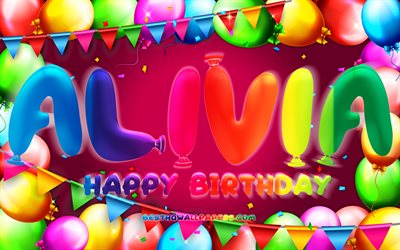 お誕生日おめでとうアリビア, 4k, カラフルなバルーンフレーム, アリビアの名前, 紫色の背景, 誕生日おめでとう, マイラの誕生日, 人気のアメリカ人女性の名前, 誕生日のコンセプト, マイラ